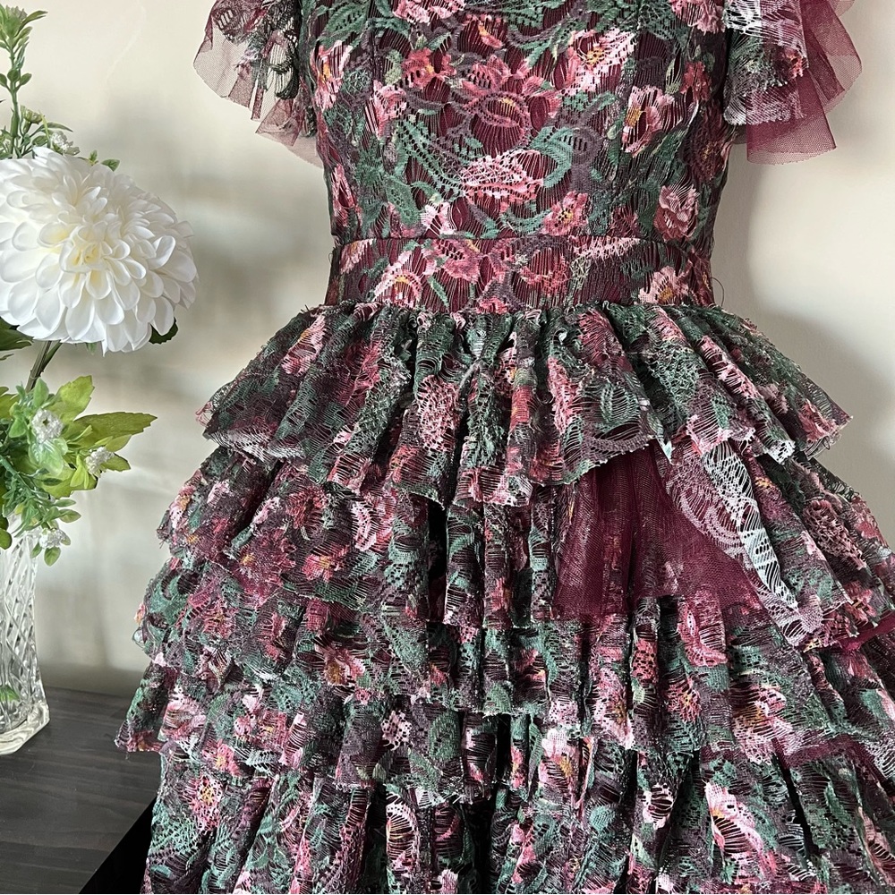 Green/burgundy day floral Mia Joy voluminous mini dress - Picture 4 of 11